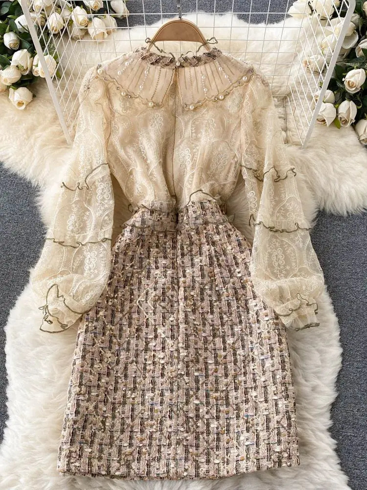 Small Fragrance Embroidery Flower Mesh Stitching Woolen Tweed Plaid Ruffle French Pearls Sweet Girls Fairy Bow Dress 250529