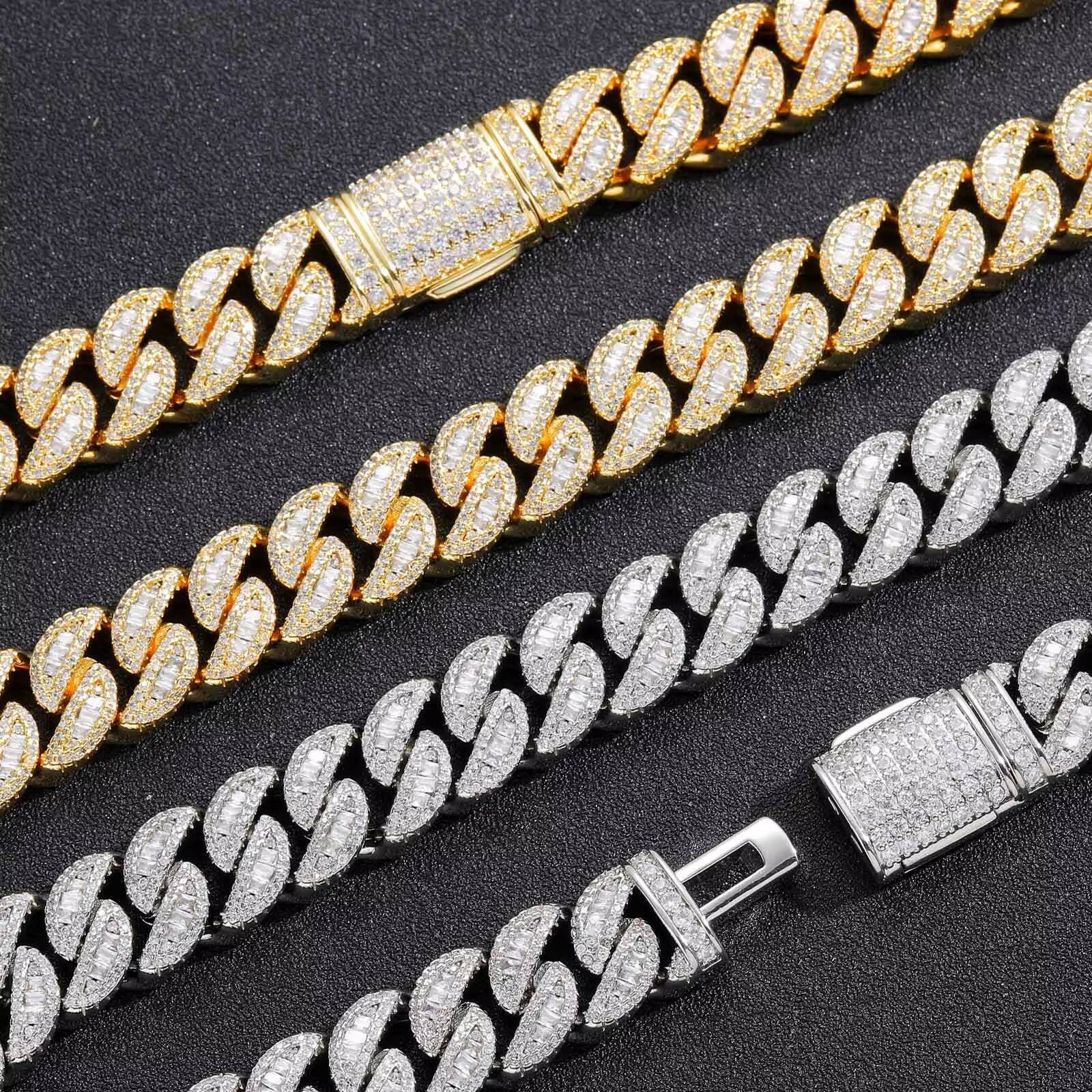 15mm Width Prong Brass CZ Hip Hop Jewelry Chains for Men Custom Length Cubic Zirconia Cuban k Chain