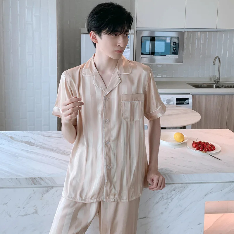 White Striped Men Pajamas Suit Short Sleeved Long Pants Thin Ice Silk Sleepwear Summer Satin Home Clothing Set Pyjamas Male 250526