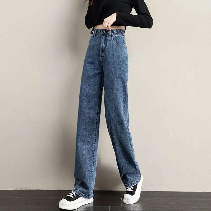 High-Waisted Straight-Leg Denim Trousers Loose-Fit Sensibility Multiple Buckles Adjustable Pear-Shaped Body For Women Vintage