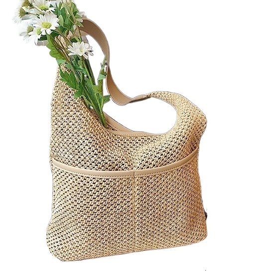 designer Woven Bag Fresh Style Single Shoulder Underarm Tote Bucket Bag Korean Classic Straw Bag Women's Beach Bag Literary Forest Style