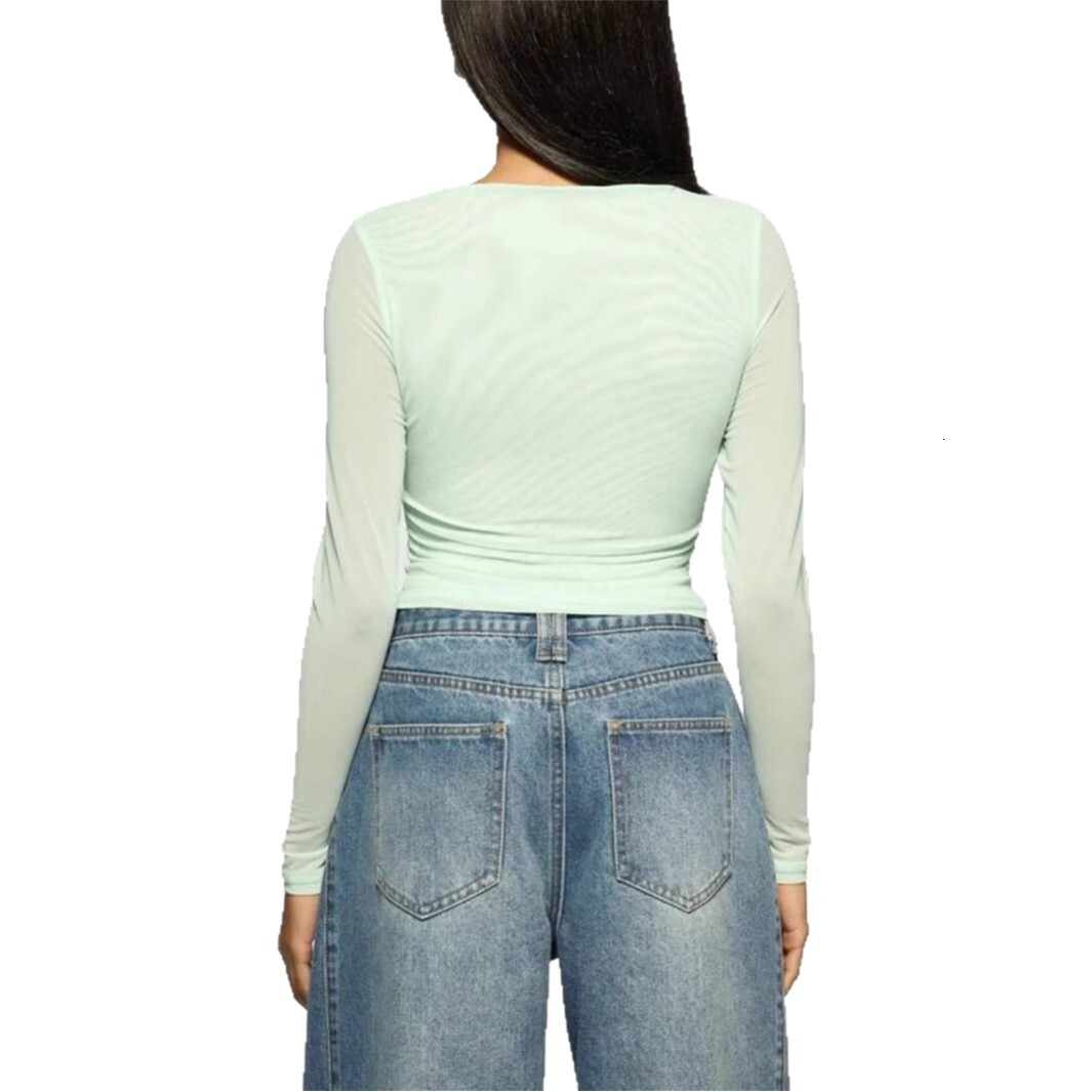 Designer T Shirt New European And American Women S Fashion Casual Printed Slim Fit Mesh Semi Transparent Hollow Long Sleeve T Shirt Essentials Summer 