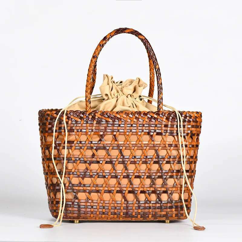 2025 Summer New Handmade Woven Genuine Leather Hollow Vegetable Basket Handbag Ins Fashion Women's Bag