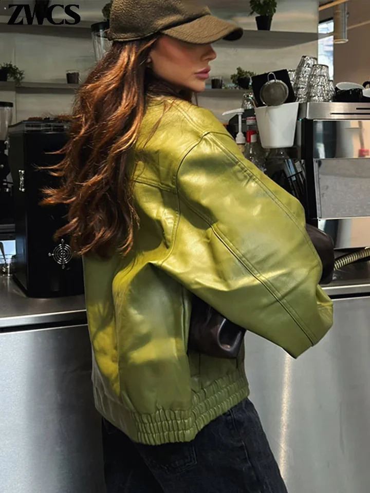 Fashion Green PU Leather Jacket Women Laple Zipper Loose Full Sleeve Single Breasted Cropped Coat 2024 Lady Solid Streetwear 250521
