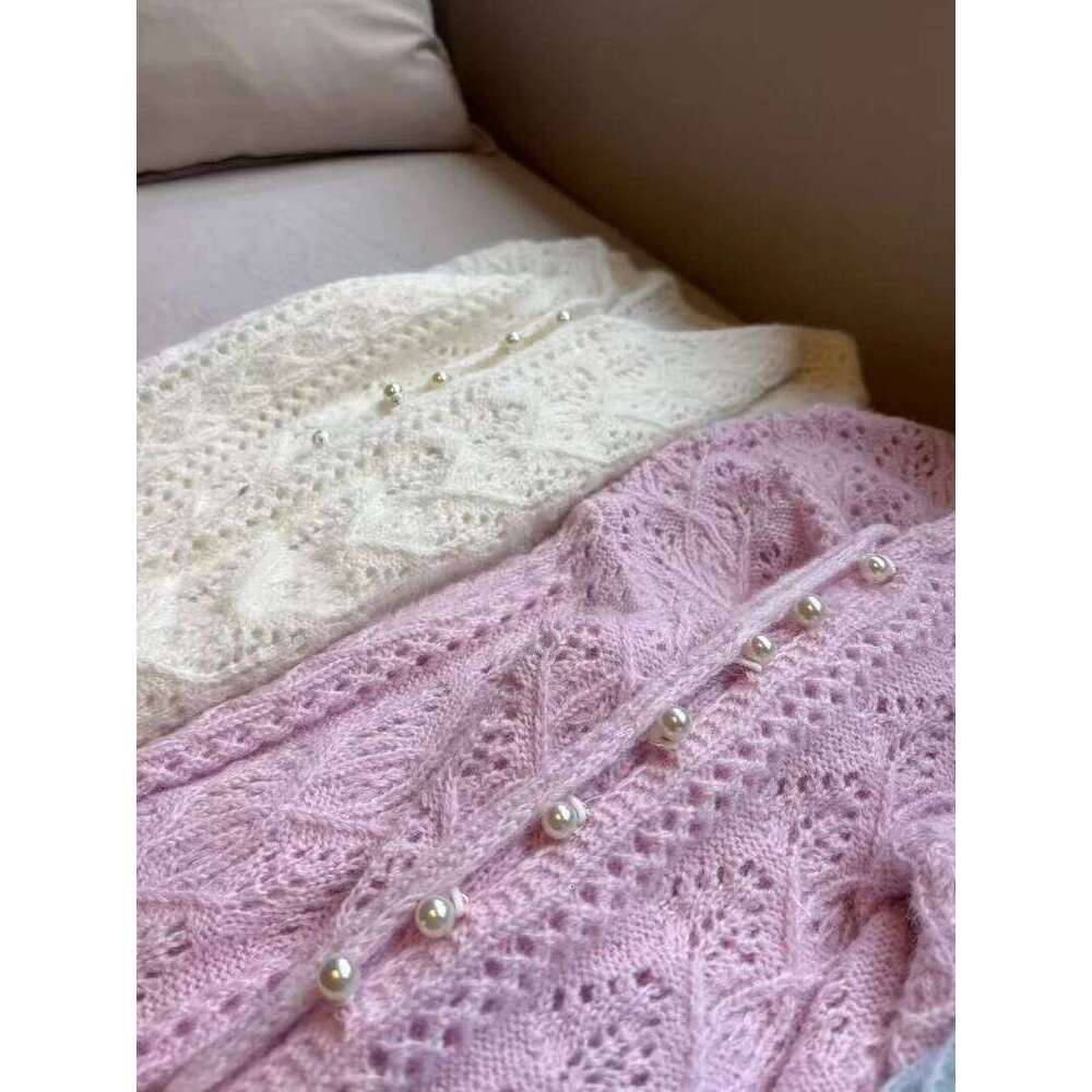 High Quality Women Mohair Blend Hollow Out Cardigan French Spring Autumn Ladies Single Breasted Solid Color Sweater Coat C-172