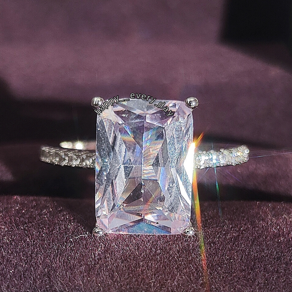 Womens 18k Gold Square Moissanite Ring Baguette-shaped 18K Diamond Set Trendy Rhodium Wedding Engagement Anniversary Party Gift