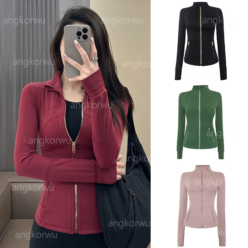 L Yoga Jackets Gold Zipper Workout Blazer Womens Sports Tops Slim-Fit Mock Neck Coats High Neck Cover Finger Tight Casual Fitness Jogger Sweatshirts