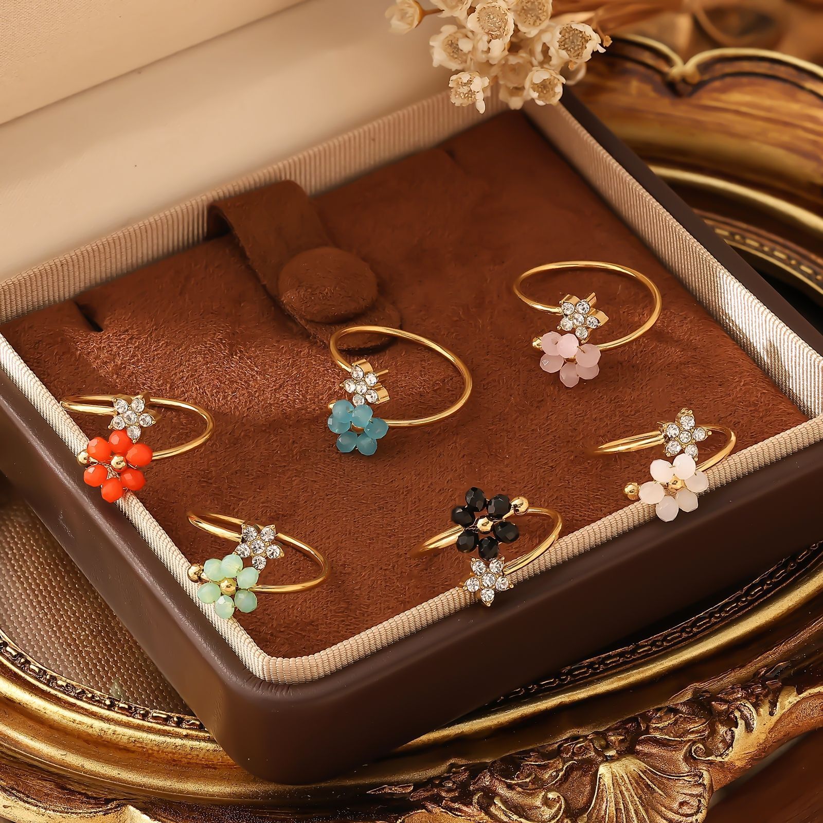 Fashion Stainless Natural Stone Flower Zircon Design Light Luxury High-end Non-fading Open Titanium Steel Ring