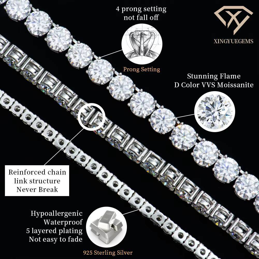 2-6mm Iced Out Jewelry Sterling Sier VVS Graded Mossanite Moissanite Tennis Chain Bracelet Gift