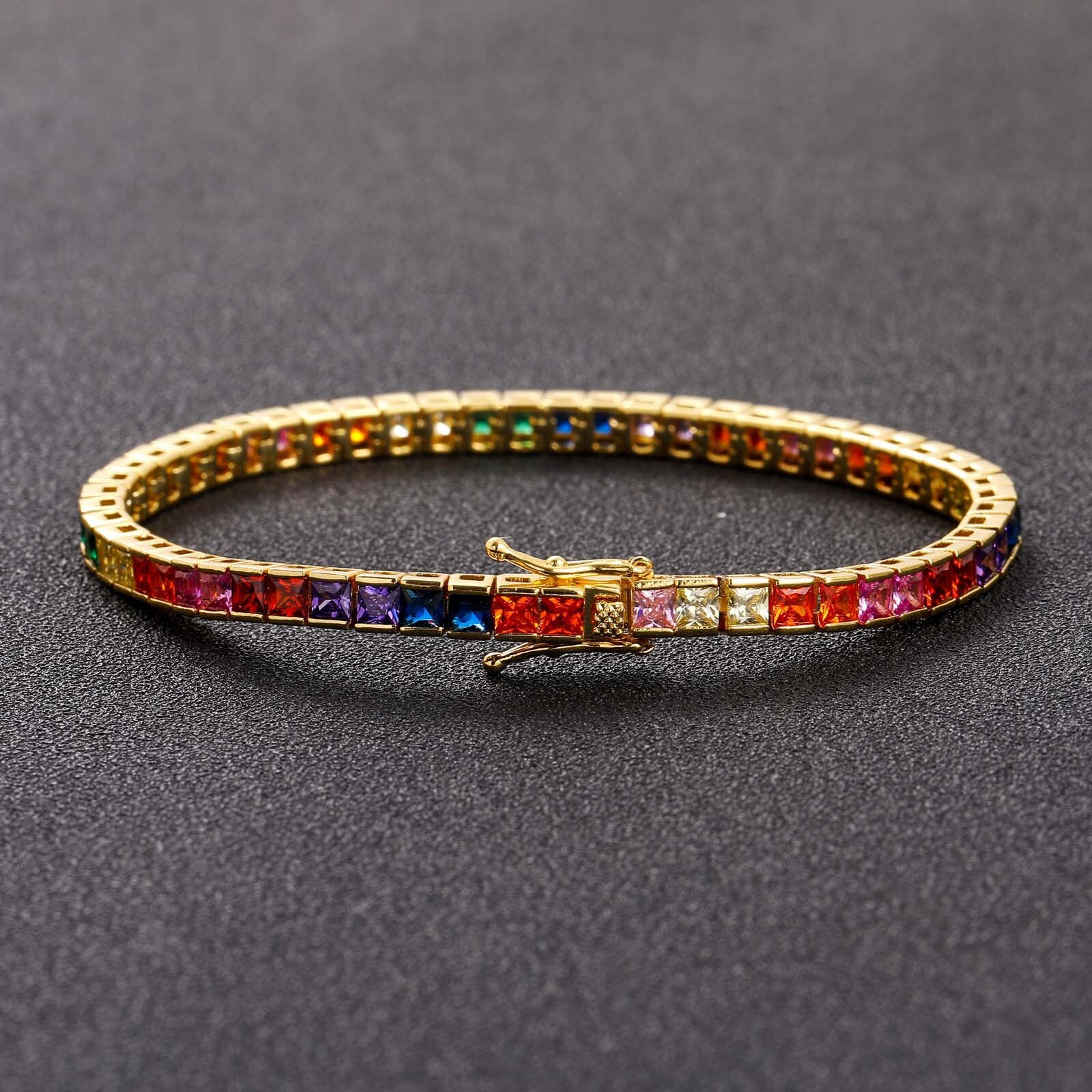 Hip Hop Bracelet 4 * 4mm Colorful Square Moissanite Tennis Chain Copper Inlaid Mens Hip Hop Jewelry moissanite