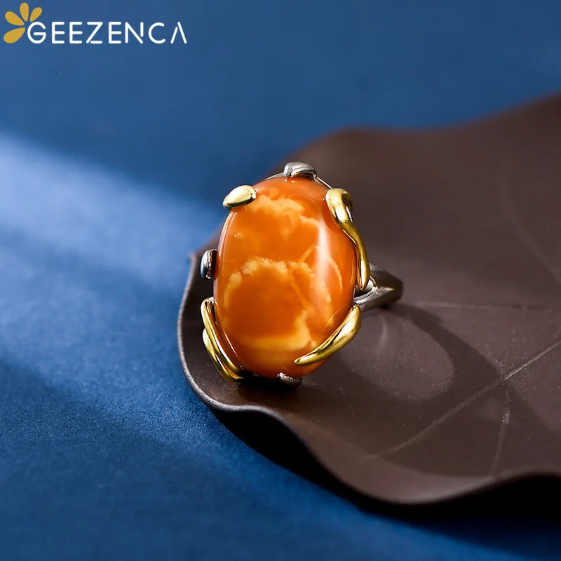 GEEZENCA Natural Amber 925 Sterling Silver Leaf Womens Ring Simple Oval Gemstone Adjustable Ring Female Gift 250526