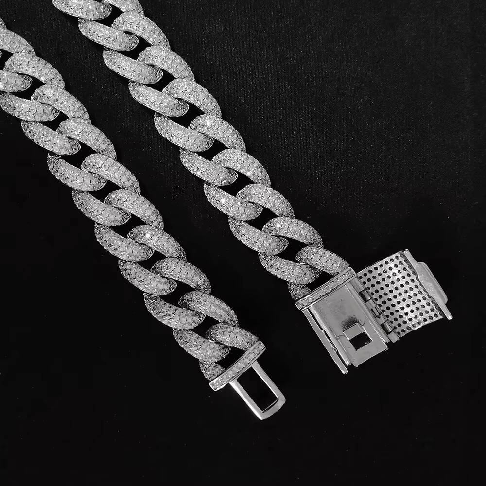 14mm thick hip-hop boutique jewelry necklace, pure sier zircon chilled Miami Cuban chain necklace