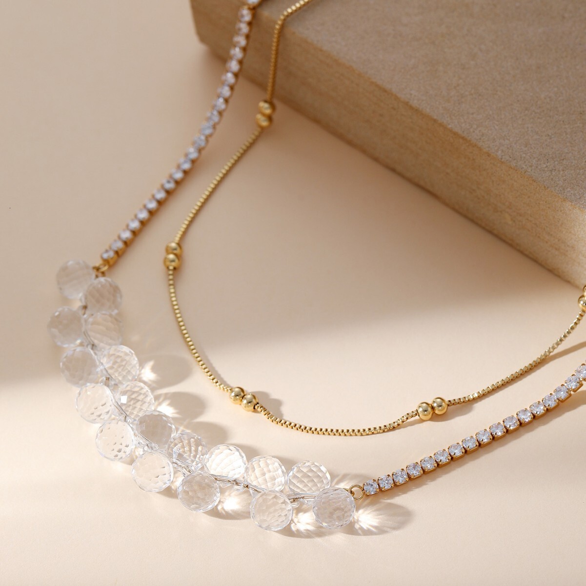 New White Crystal Double Layer Necklace Light Tennis Niche High-end Versatile Sweater Chain for Women