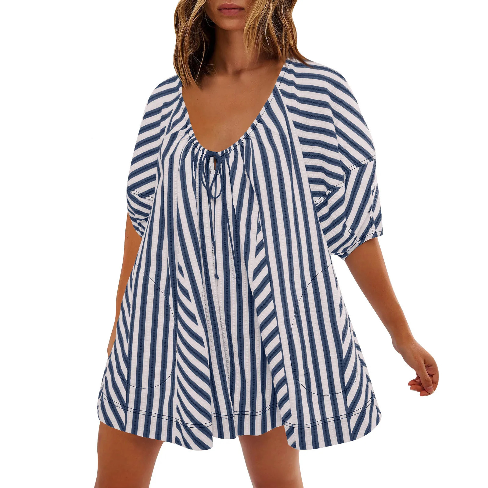 Summer Womens Fashionable Deep V-neck Tie Up Short Sleeved Striped Printed Jumpsuit Shorts Loose Casual Wide Leg Capris 250528