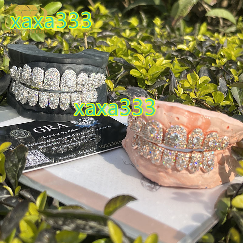 Custom Luxury Jewelry Teeth Top Dowm Round Cut Diamond 925 Sliver Fully Iced Out Vvs Moissanite Grillz for Mens