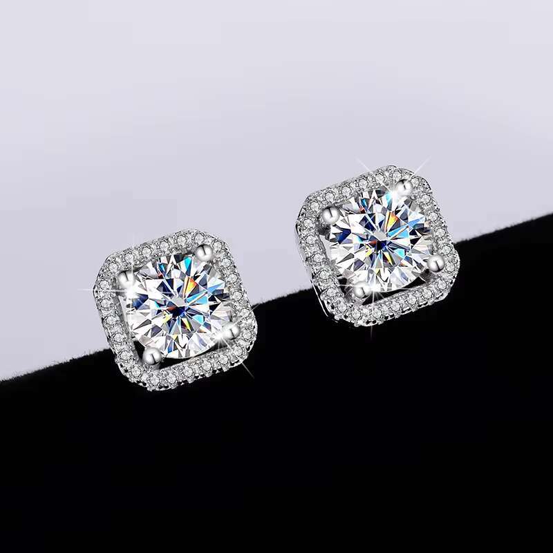 Unisex 925 Sterling Silver Classic Square Halo Stud Earrings French Style VVS Moissanite for Engagement Proposals