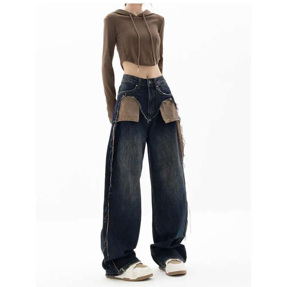 American Streetwear Style High Waist Patchwork Jeans Pants 2023 Fashion Women's Baggy Y2k Wide Leg Denim Trouser Female Clothes