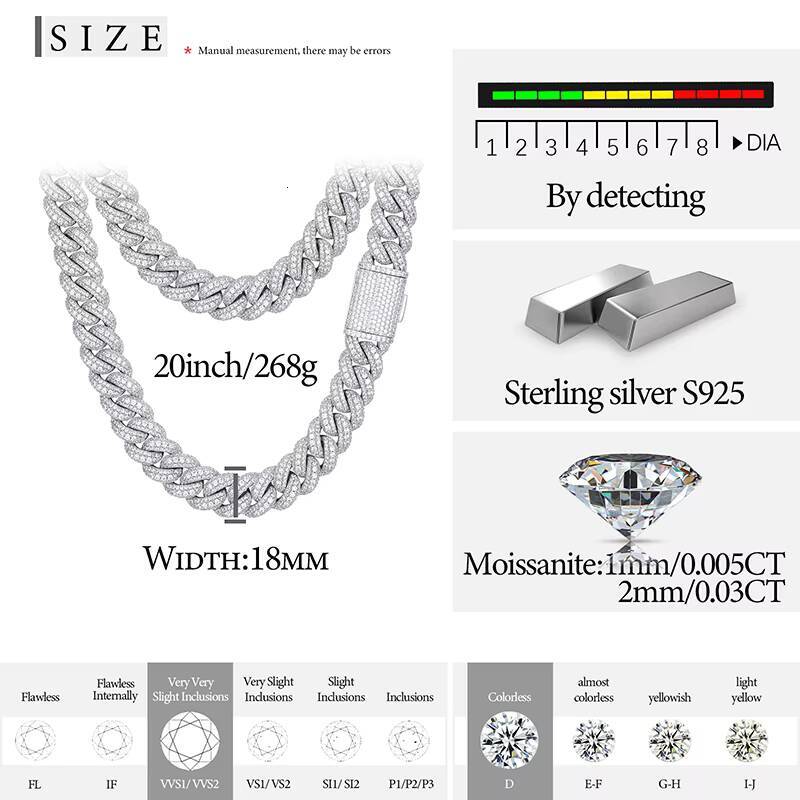 Hip hop men's jewelry pass tester 18mm ice out silica Cuban chain necklace with GRA certificate