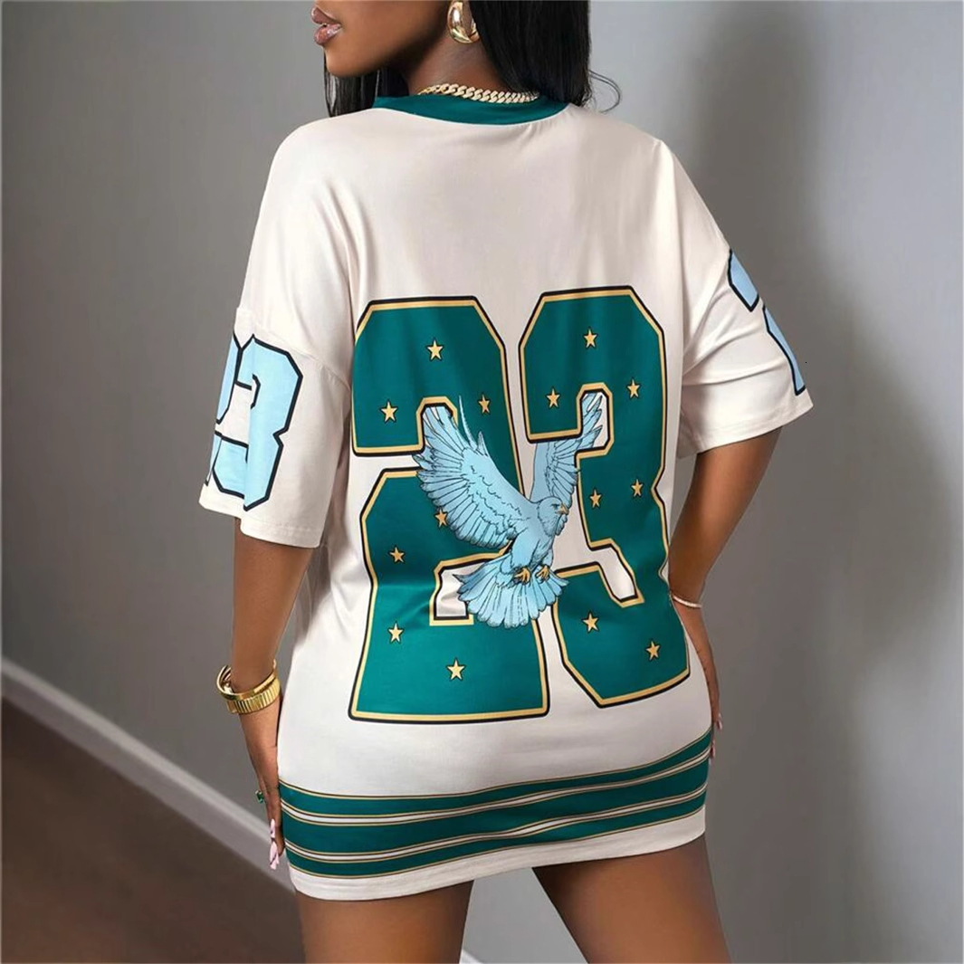 Designer T Shirt Summer Cross Border Trade Hot Selling Unique American Style Number Print V Neck Loose Short Sleeve Dress Essentials Summer Dress