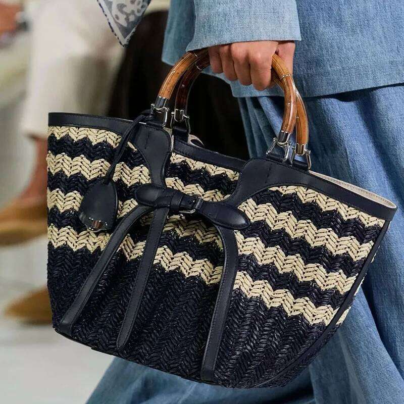 Spring/Summer New Canvas Grass Woven Bamboo Handle Vegetable Basket Women's Butterfly Knot Handbag Beach Bag