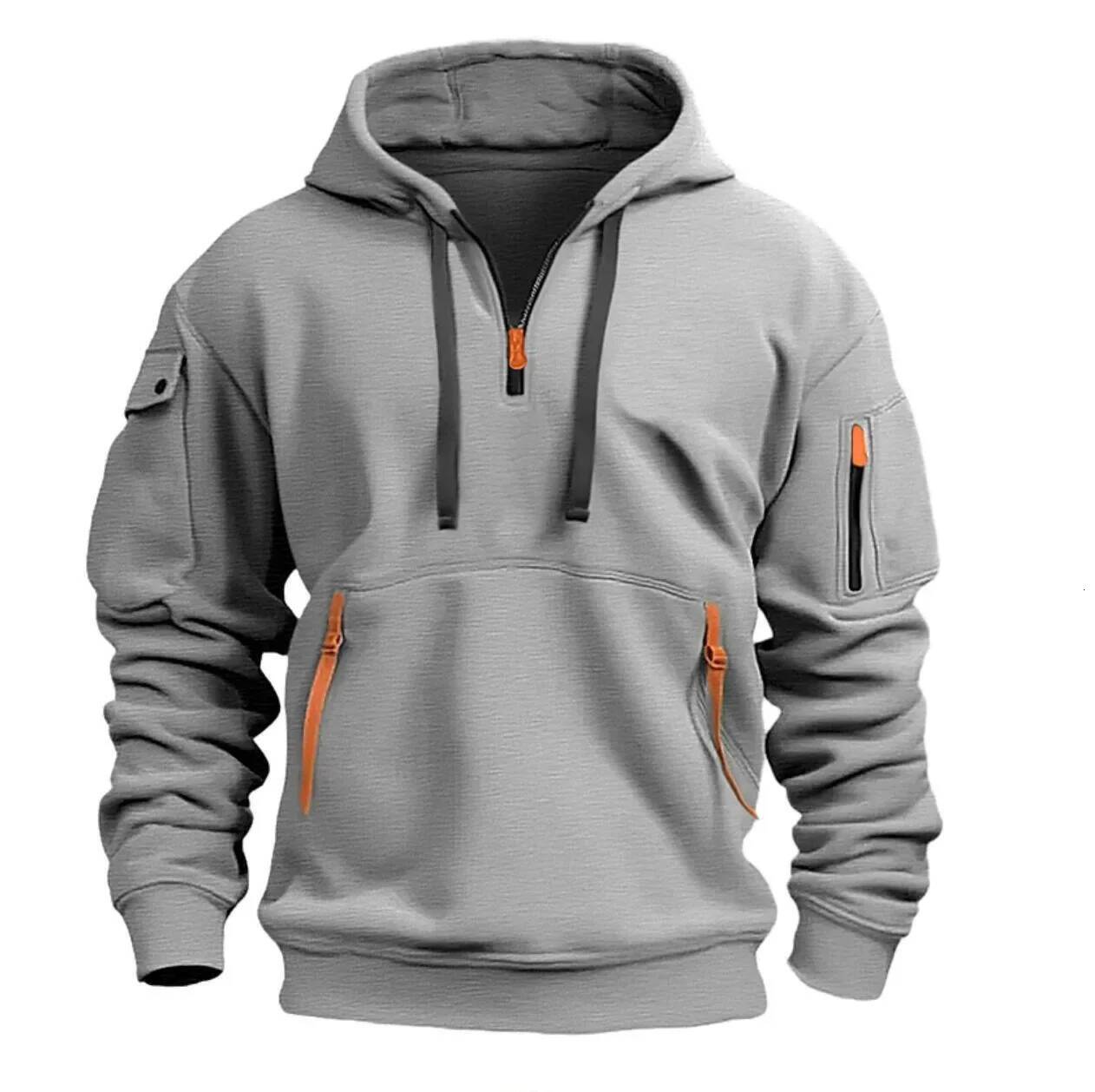 Half Zip Hoodie Hooded With Multiple Pockets Zipper Pullover Men's Sports And Casual Sweatshirt For Men