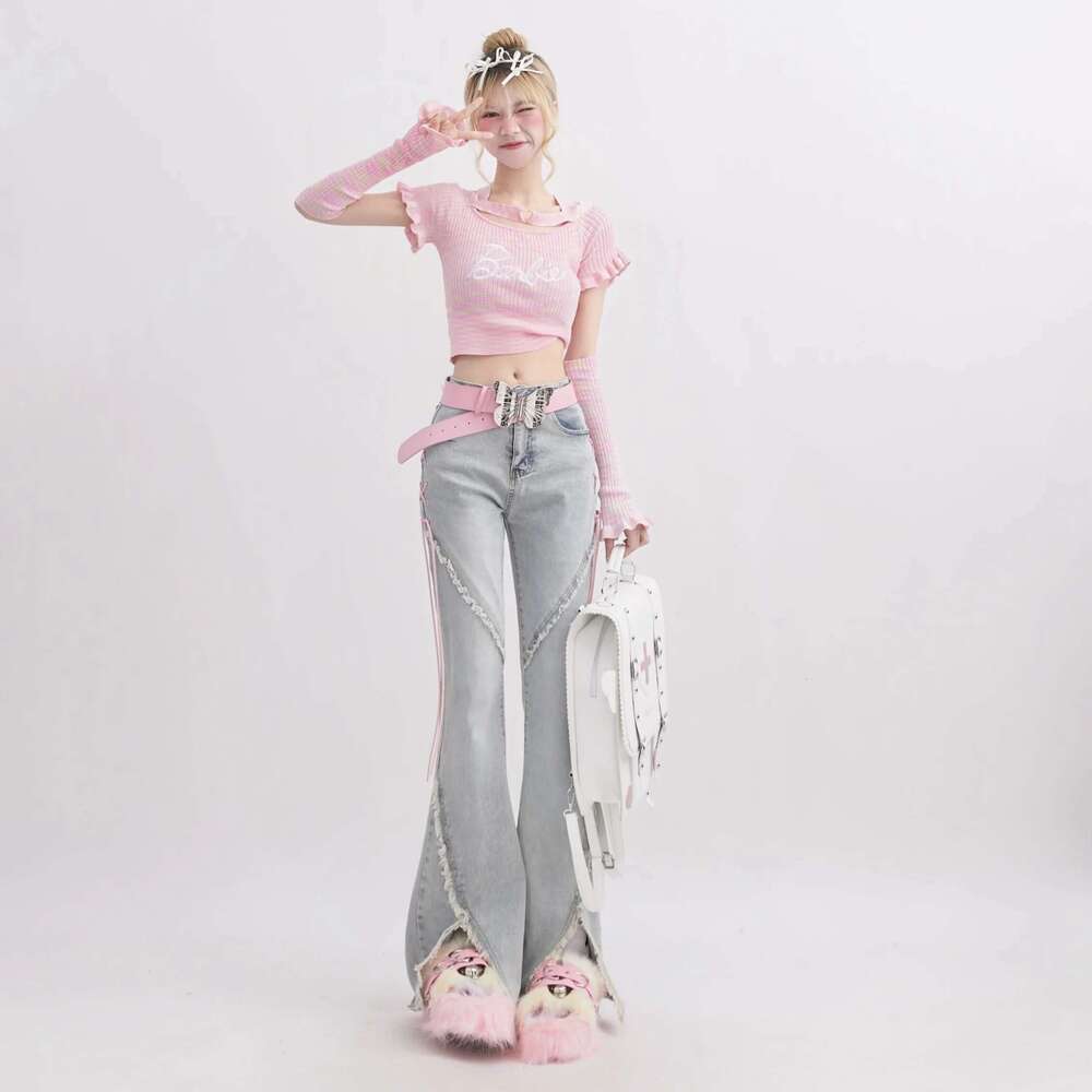 Haruku Streetwear Retro Fashion Women High Waist Jeans Horn Fork Design Wide Leg Straight Loose Denim Trousers Y2k Baggy Pants