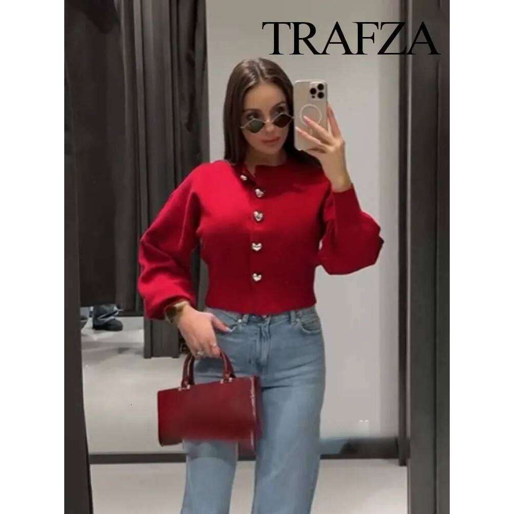 TRAFZA Women Fashion Solid Tops Heart-Shaped Buttons Cardigans Female Spring Casual Long Sleeve O-Neck Knitting Sweaters Coats