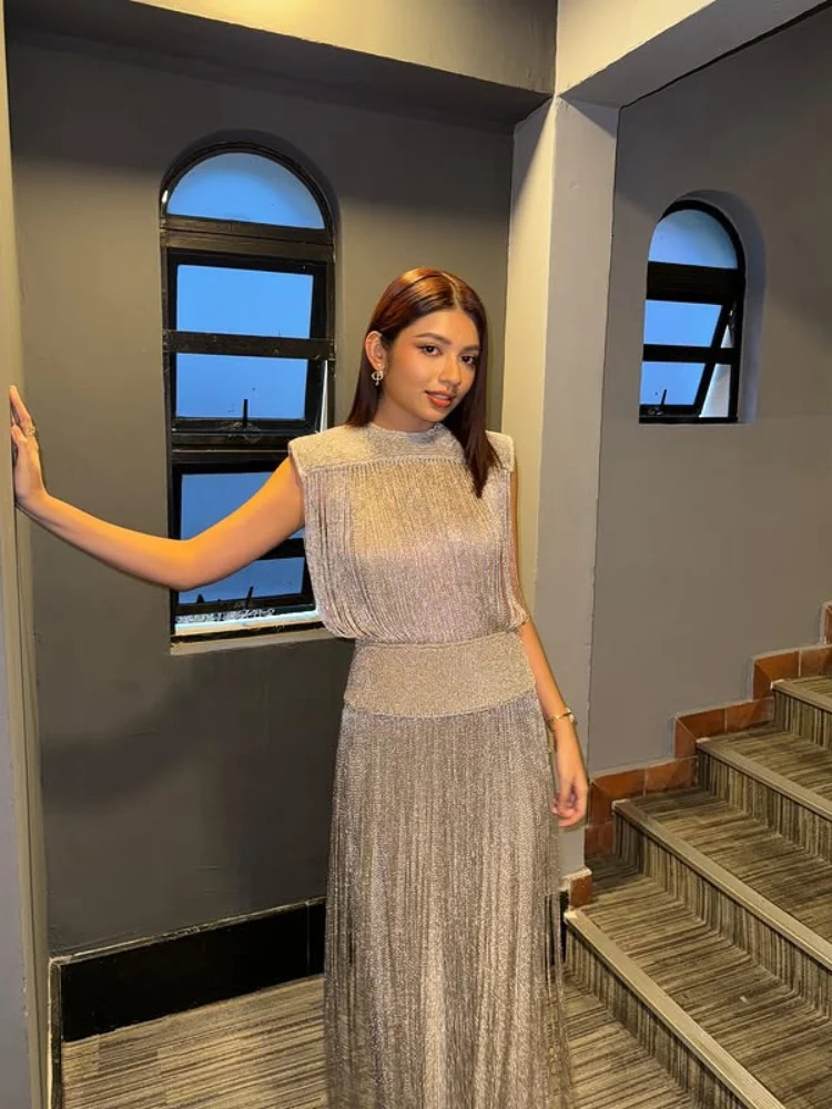 Elegant Tassel Dress Two-piece Sets Womens Fashionable O-neck Sleeveless Tops Bodycon Maxi Dress Spring Summer Party Outfits 250530