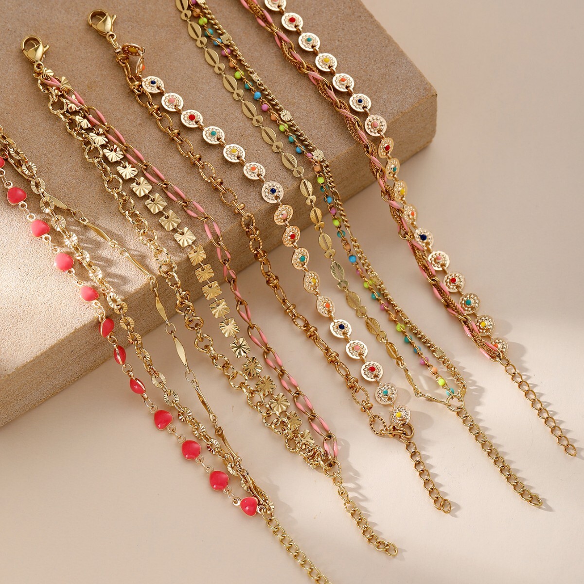 Stacked Chain Stainless Steel Thin Bracelet Evil Eye Pendant Gold Color Personality Simple Accessory