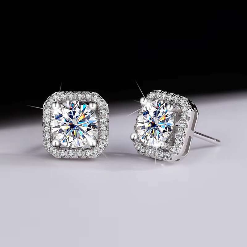 Unisex 925 Sterling Silver Classic Square Halo Stud Earrings French Style VVS Moissanite for Engagement Proposals