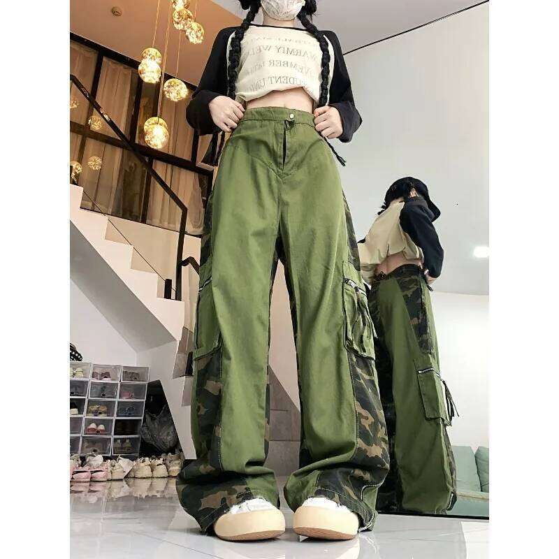 Green Camouflage Fake Two-Piece Spliced Spicy Girl American Retro Work Large Pocket Y2k Street Hip-Hop Straight Leg Pants