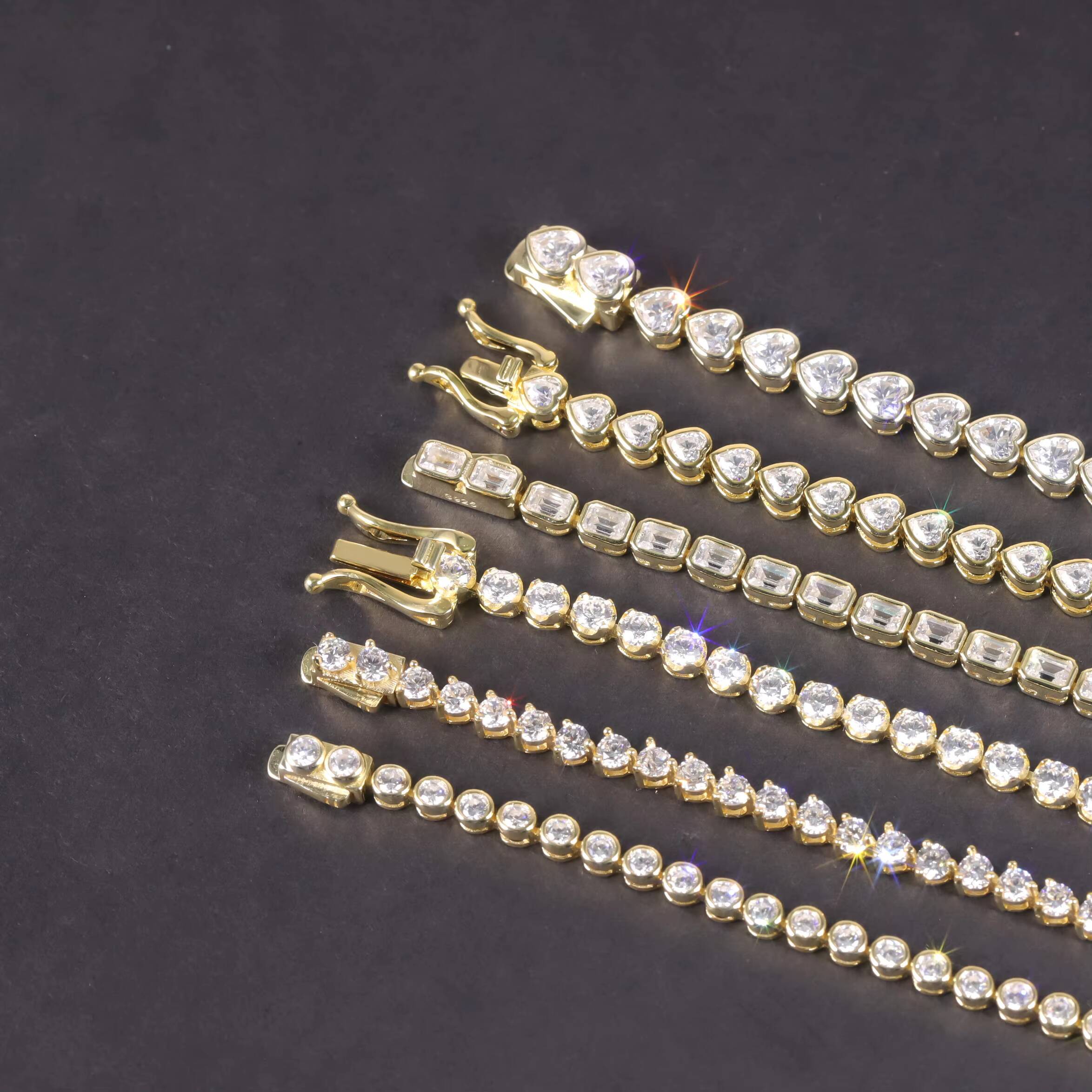 Chinese Jewelry Factory VVS Square Heart Pure Sier Gold Silicon Stone Tennis Chain Bracelet