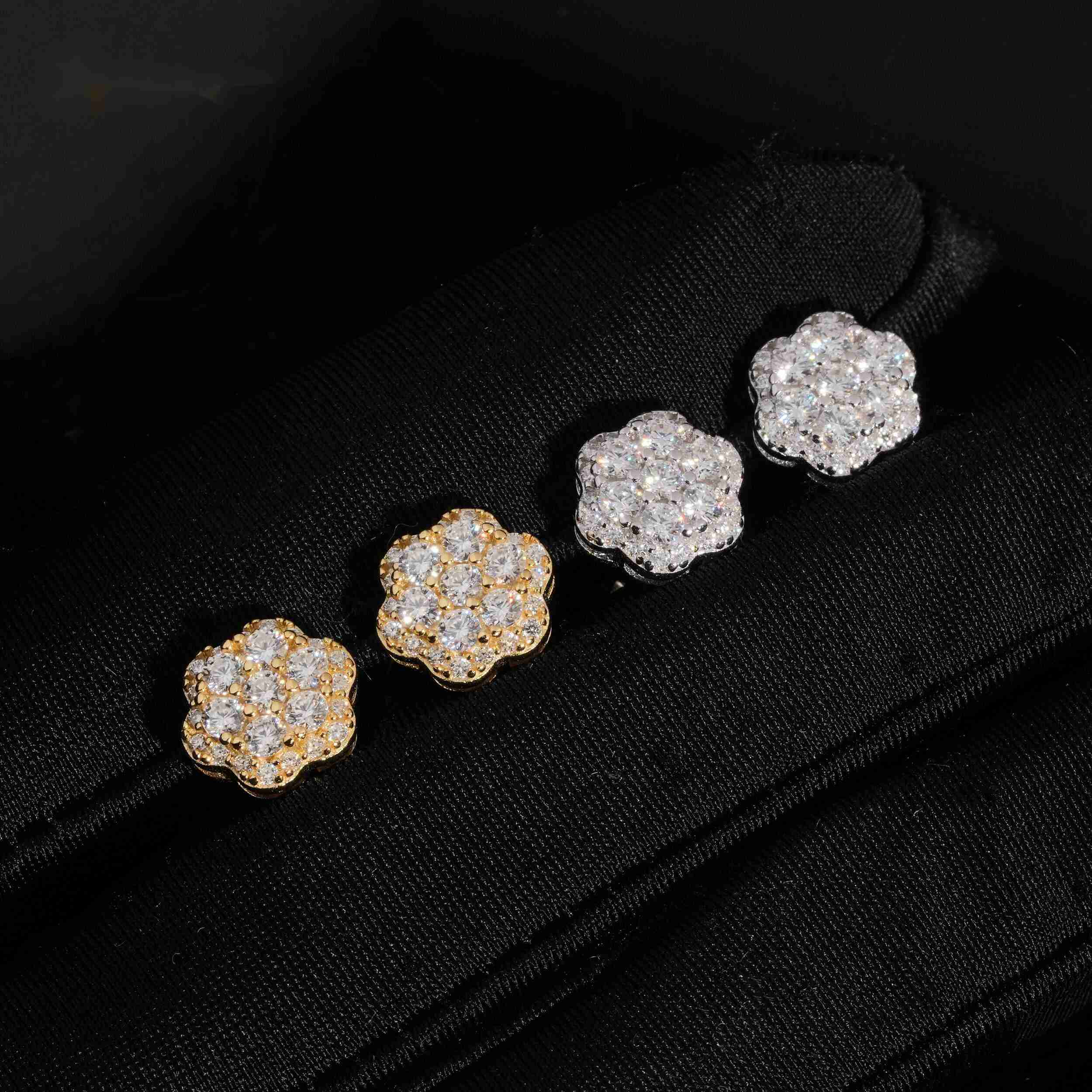 High Quality 925 Sterling Silver Flower Iced Out Diamond Hip Hop Screw Back Moissanite Stud Earrings