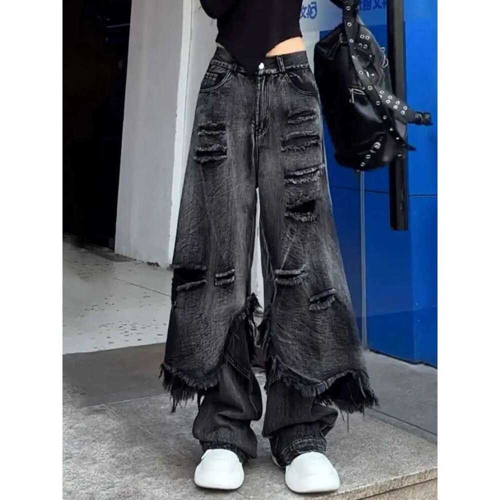 Y2k Baggy Street Slouchy Hip Hop Wide Leg Jeans Men And Women Loose Ripped High Waist Floor Mopping Pants Streetwear