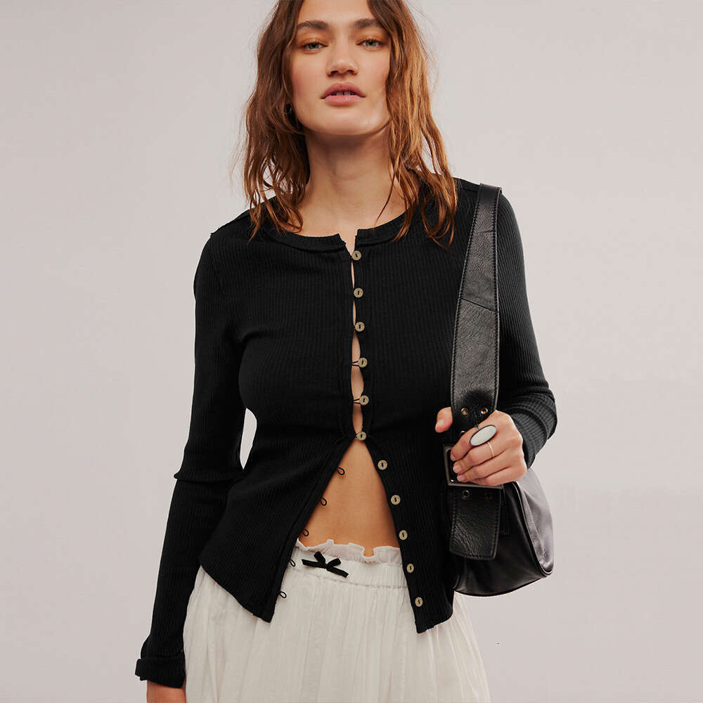 Fashion 2025 Women's Long Sleeve Round Neck Button Ribbed Solid Color Autumn Winter Warm Cardigan Jacket for Women