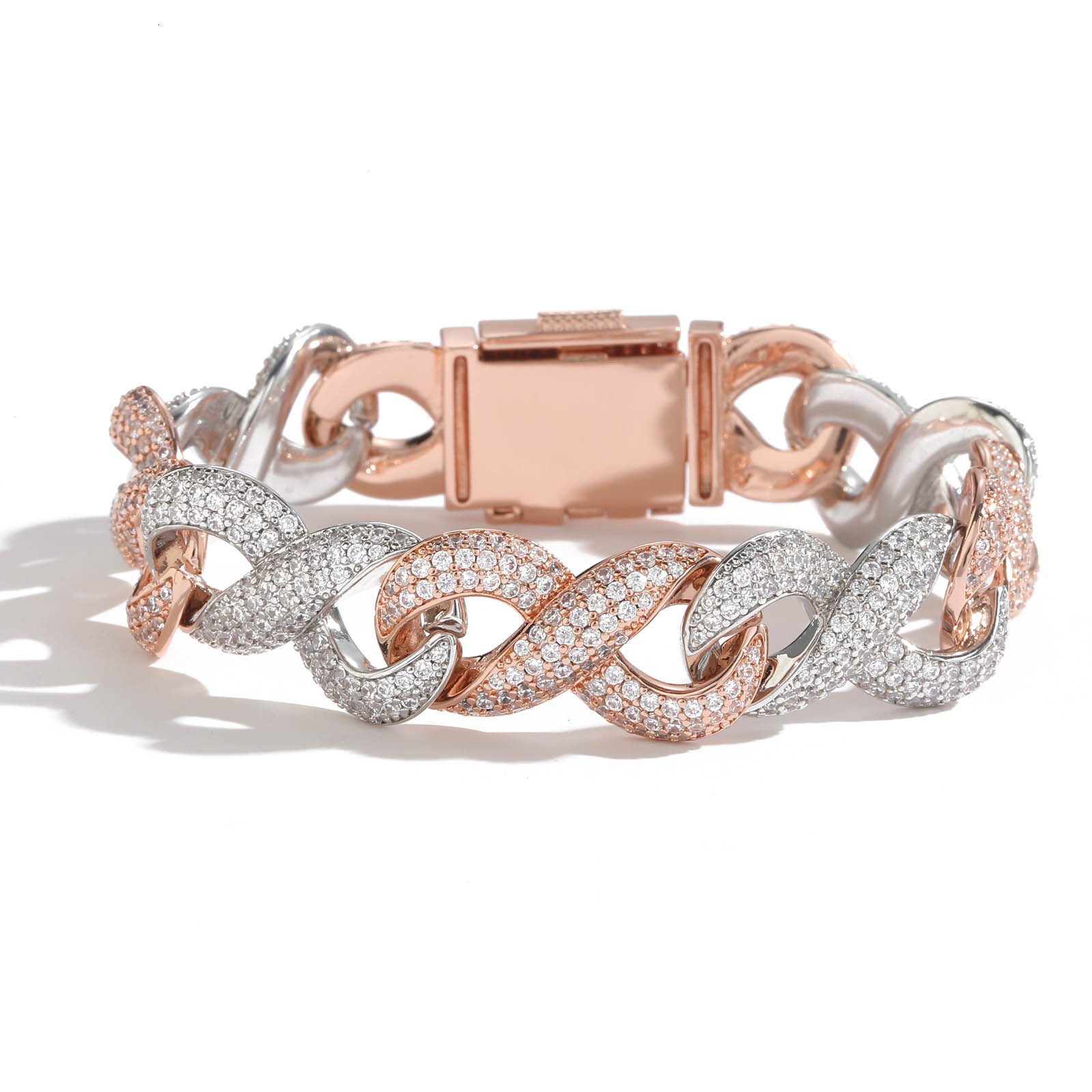 15mm Wide Figure-8 Infinite Chain Rose Gold Two-Tone Cuban Chain Micro-Paved Moissanite Trendy Hip-Hop Bracelet moissanite