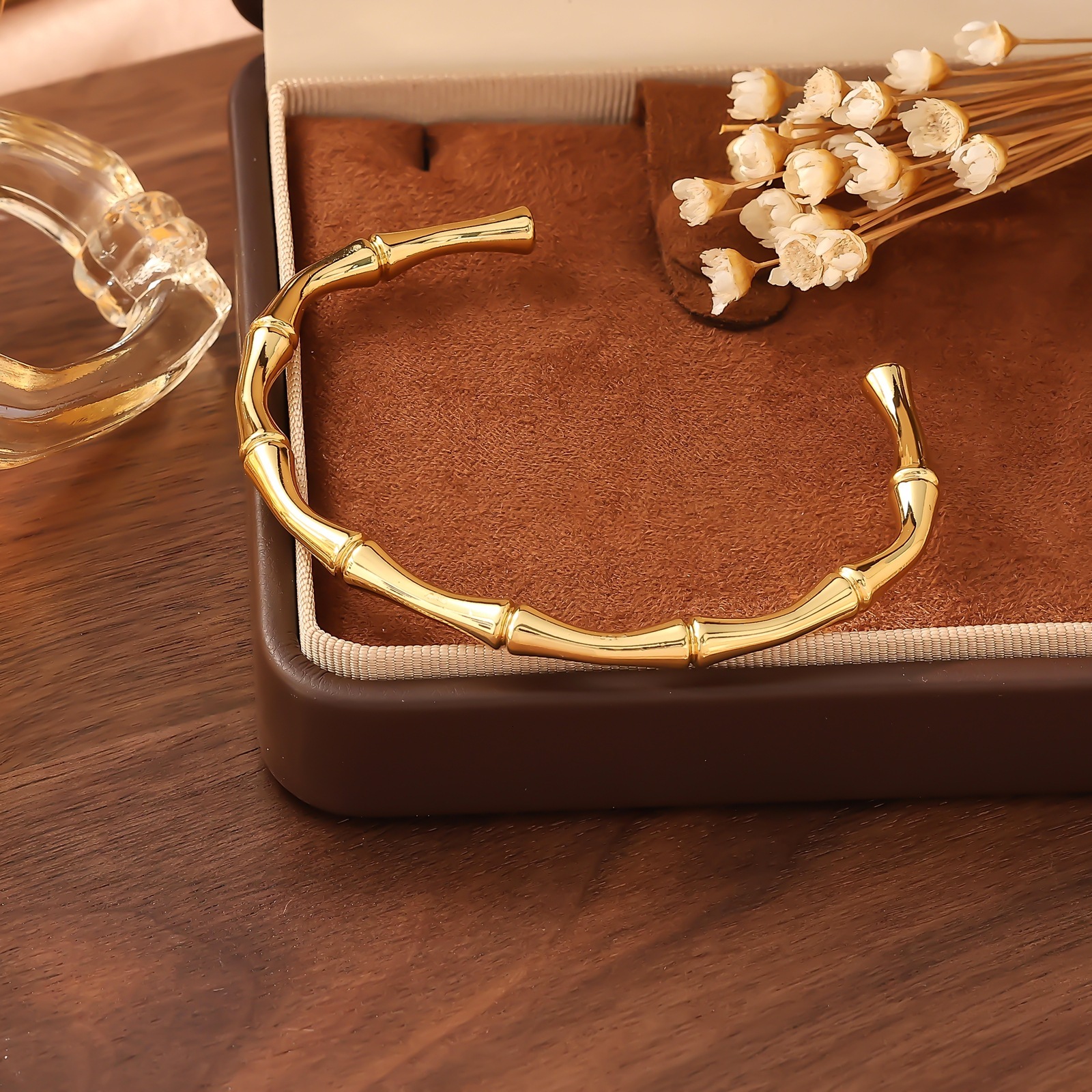 Exaggerated Design Gold-Plated Bamboo Stripe Bracelet Thick Titanium Steel Bangle