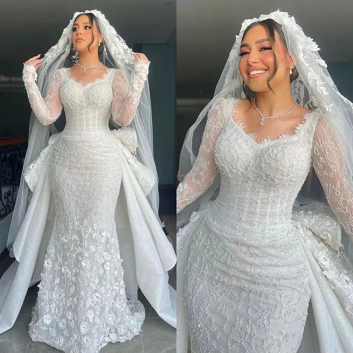 Vintage Mermaid Wedding Dress Jewel Neck Long Sleeves Bridal Gowns Lace Appliques Detachable Train Dresses Custom Made vestidos de novia