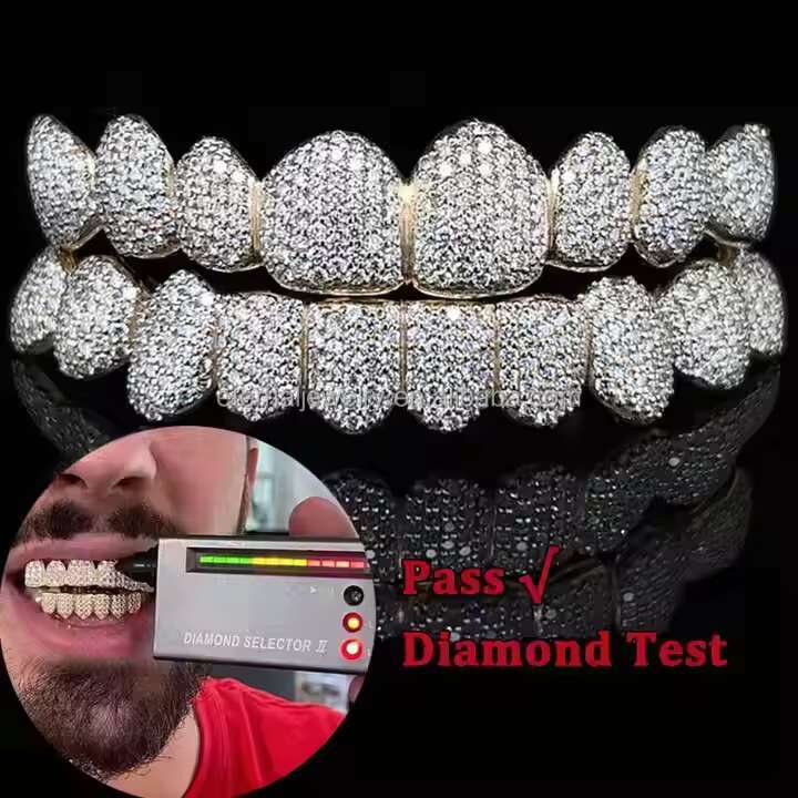 Custom Top Bottom 8 S925 Silver 9K 10K 14K 18K Solid Gold Grillz Iced Out VVS Moissanite Lab Natural Diamond Grillz for Teeth
