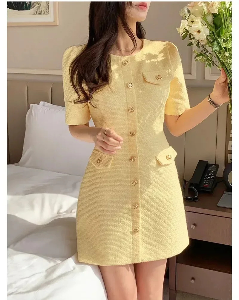 Korean Chic Tweed Dresses Small Fragrance Women Dress Short Sleeve Vestido Summer O-neck Dresses Elegant Robes 250529
