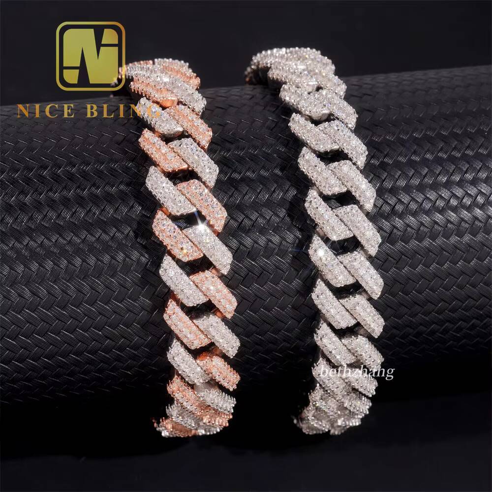 12.5mm Round Moissanite k Lab Dia Bracelet Sier Hip Hop Iced Out Jewelry Men Cuban Chain