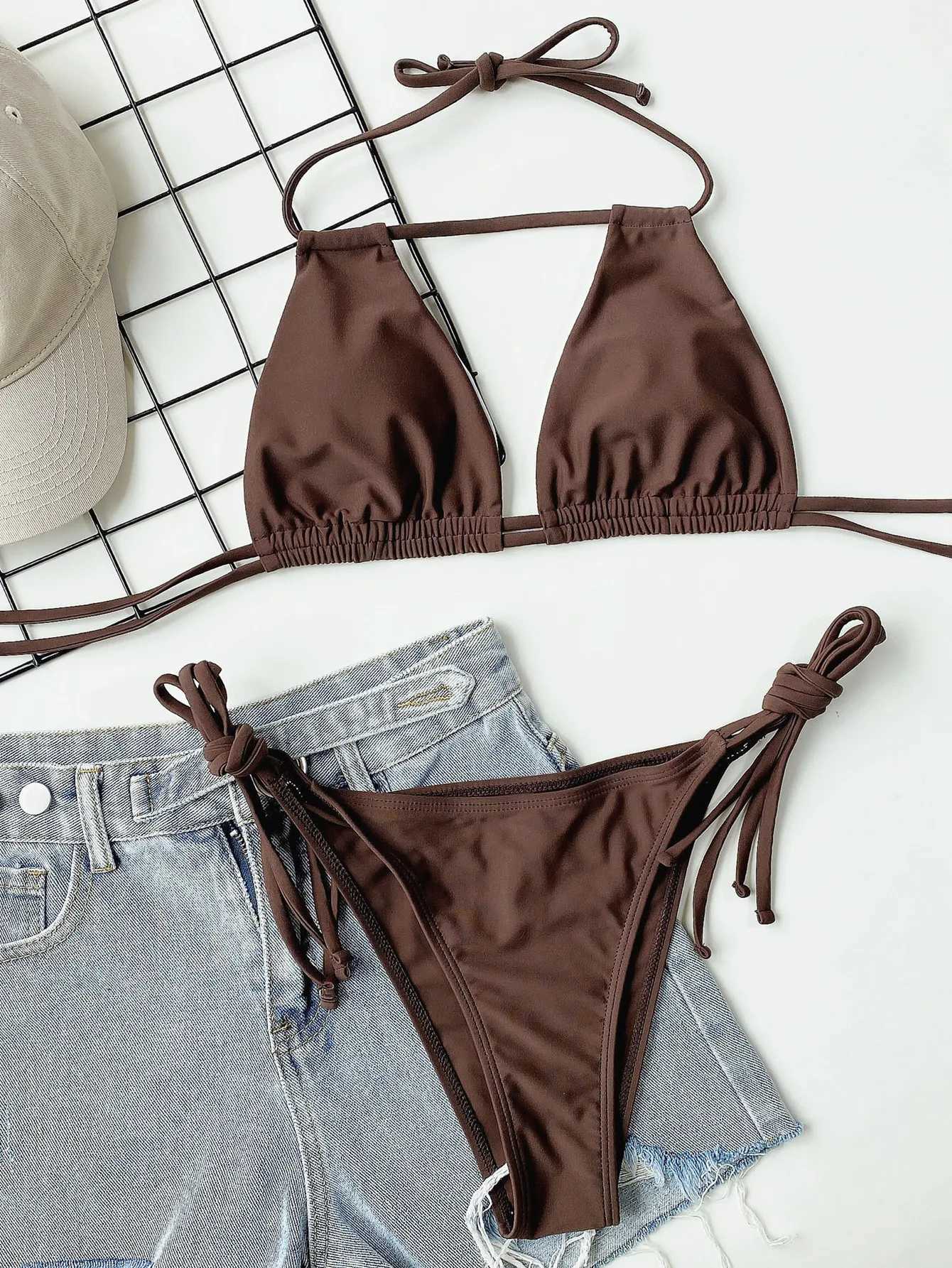 2025 Sexy Solid Bandage Bikini Halter Strappy Swimwear Women Swimsuit Female Two Pieces Bikini Set Low Waist Bathing Suit BatherT250602