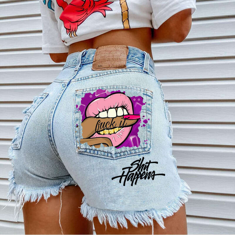 Denim Shorts Jeans Shorts Mouth Biting Finger Print Fashion Ripped Denim Shorts For Women Ripped Short Jeans