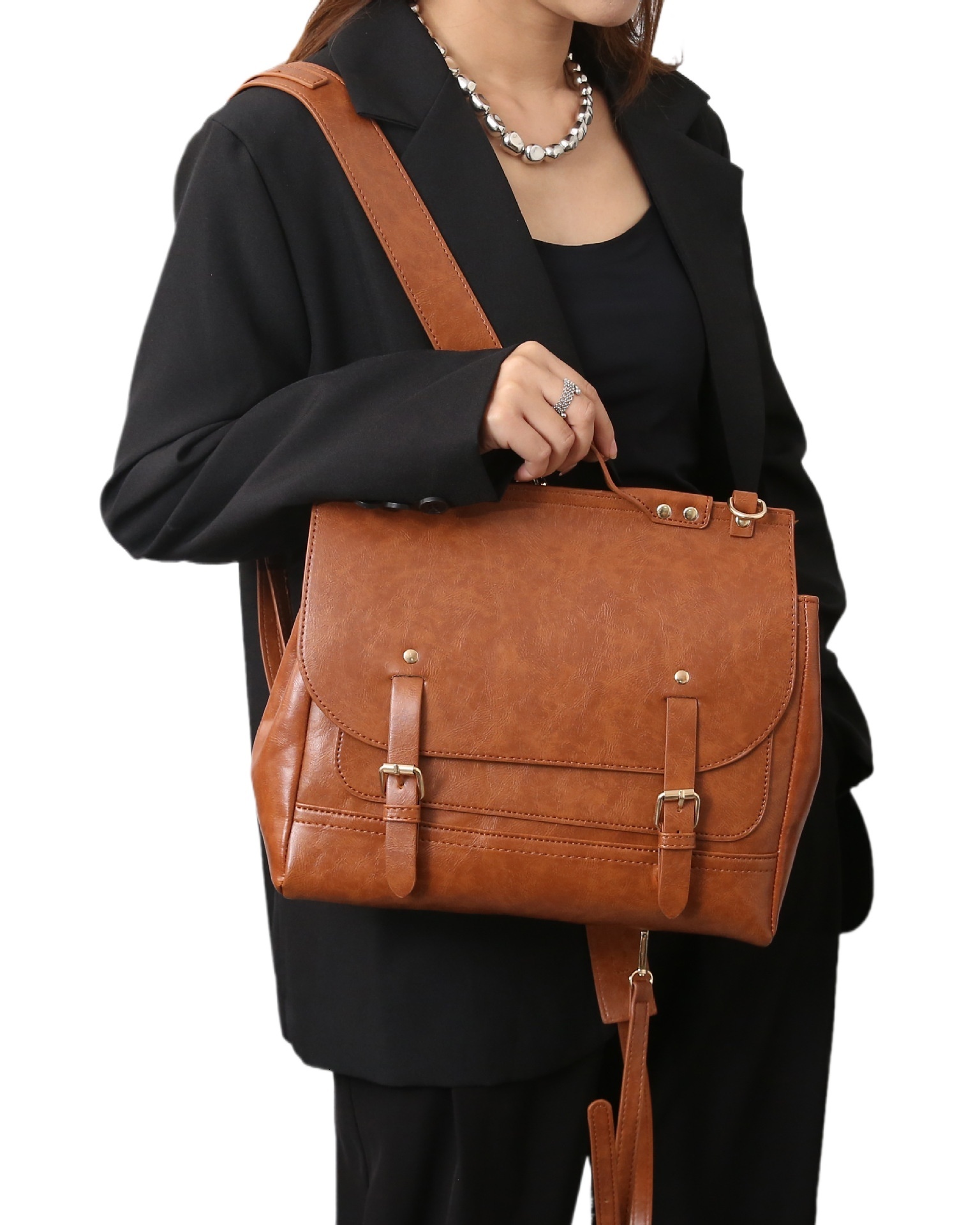 designer Niche Artistic Retro Double Shoulder Crossbody Messenger Bag High-end Oil Wax Leather British College Style Three-in-One Cambridge Backpack