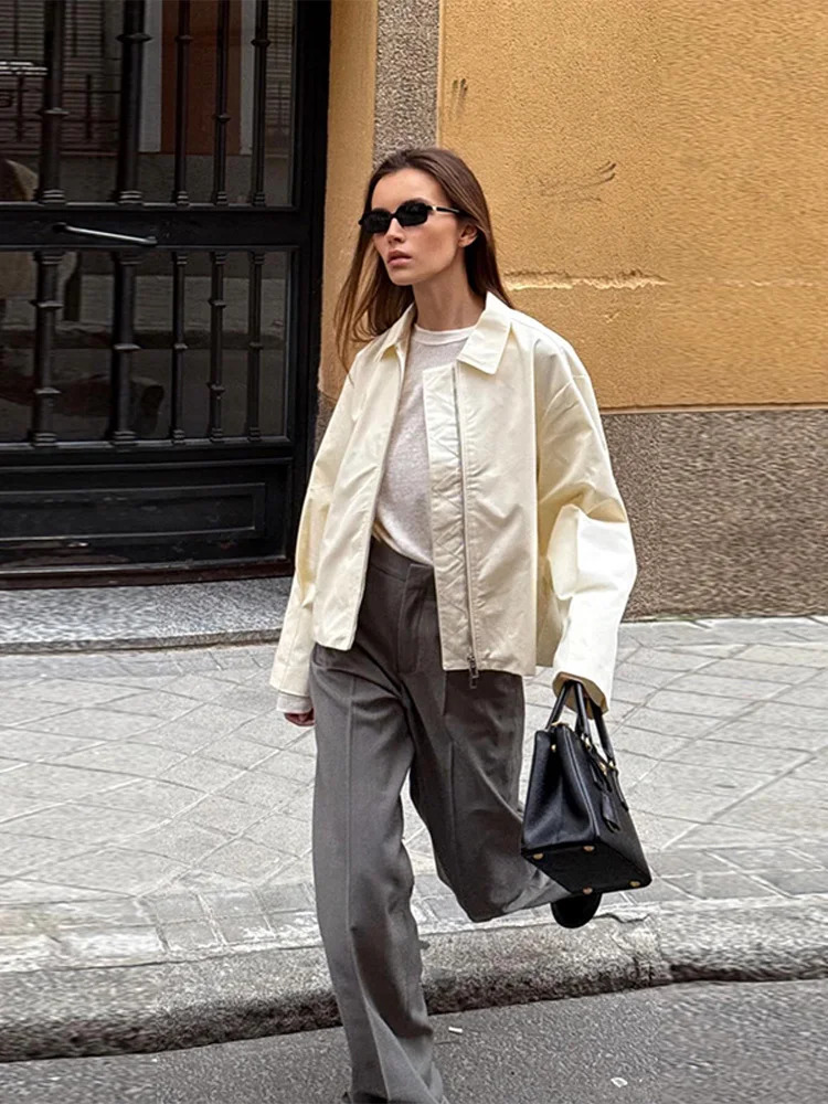 Street Womens Jacket Zipper White Lapel Long Sleeve Female Loose Coats Female 2025 Spring Fall Lady High Street Outwears 250530