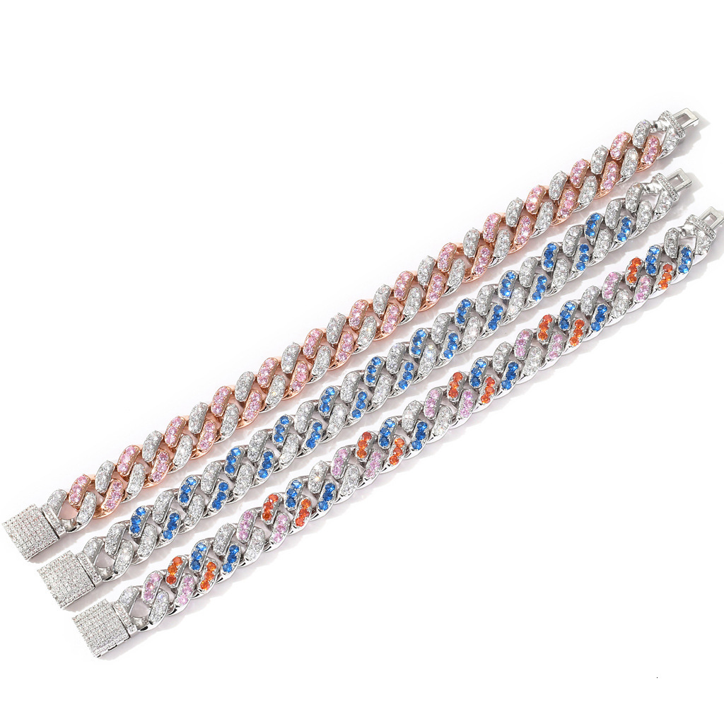 Hip hop hip hop Bracelet 12mm micro Set Pink Moissanite Cuban Bracelet hiphop accessories moissanite