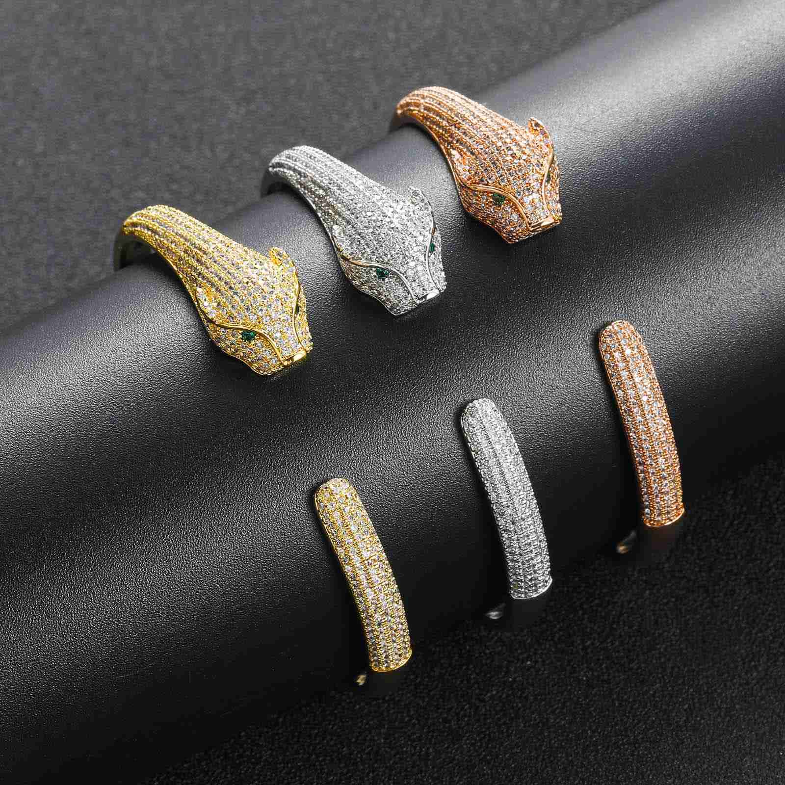 Meisa New Leopard Bracelet Copper Inlaid Moissanite Male and Female Hip Hop Leopard Head Bracelet High end Fashion Bracelet moissanite