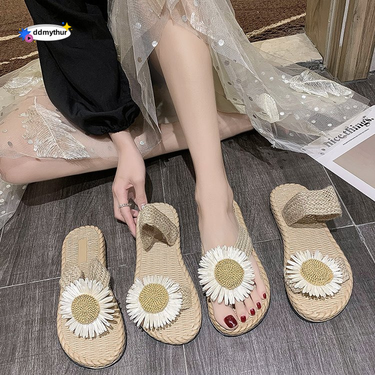 Flip-Flops Hemp Rope Straw Woven Shoes Summer New Outdoor Daisy Slippers Women Flat Low Heel Slip-On ddmythur