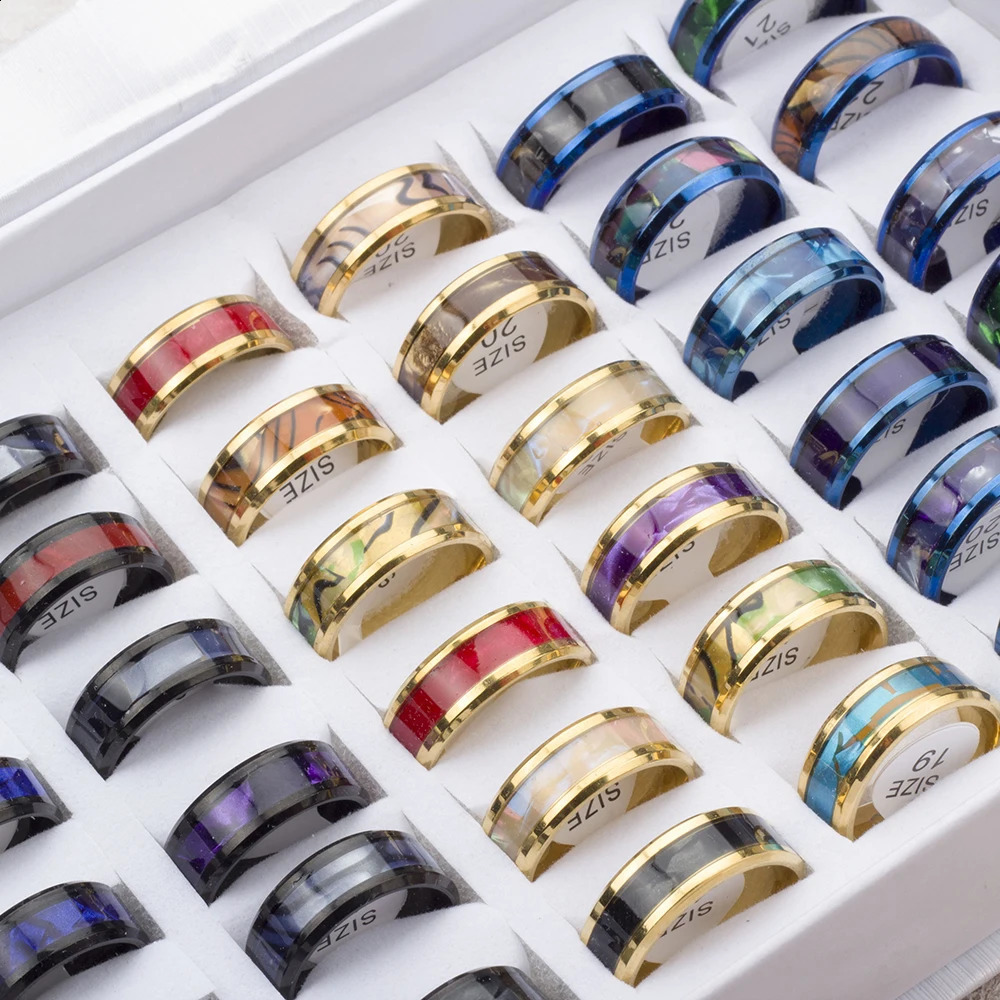 24 Pcs/Lot Fashion Sparkling Multicolor Shells Stainless Steel Rings For Women Men Mix Style Wedding Party Finger Jewelry 250528