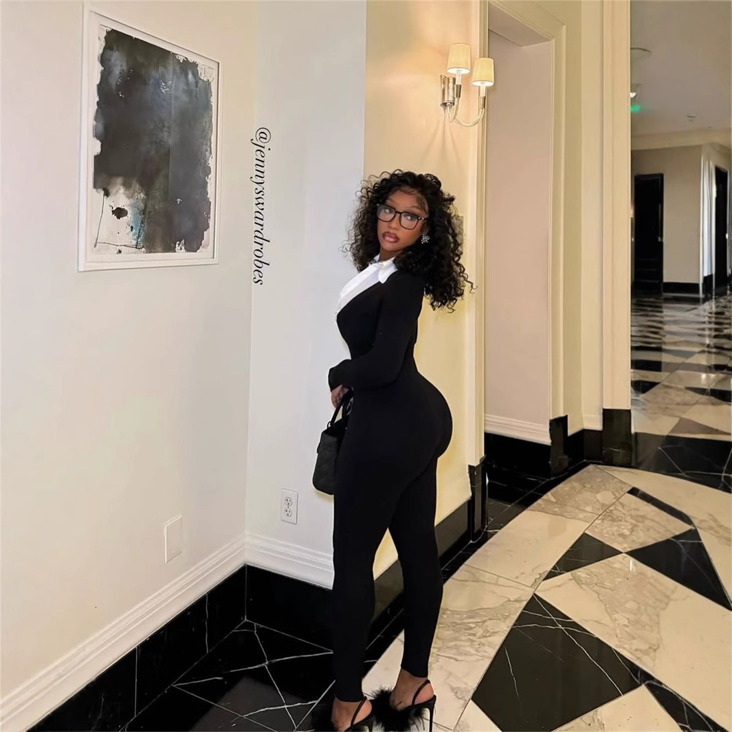 Designer T Shirt New Cross Border Fashion Elastic Color Block Fake Two Piece Turn Down Collar Long Sleeve Solid Color Jumpsuit For Women Essentials Su